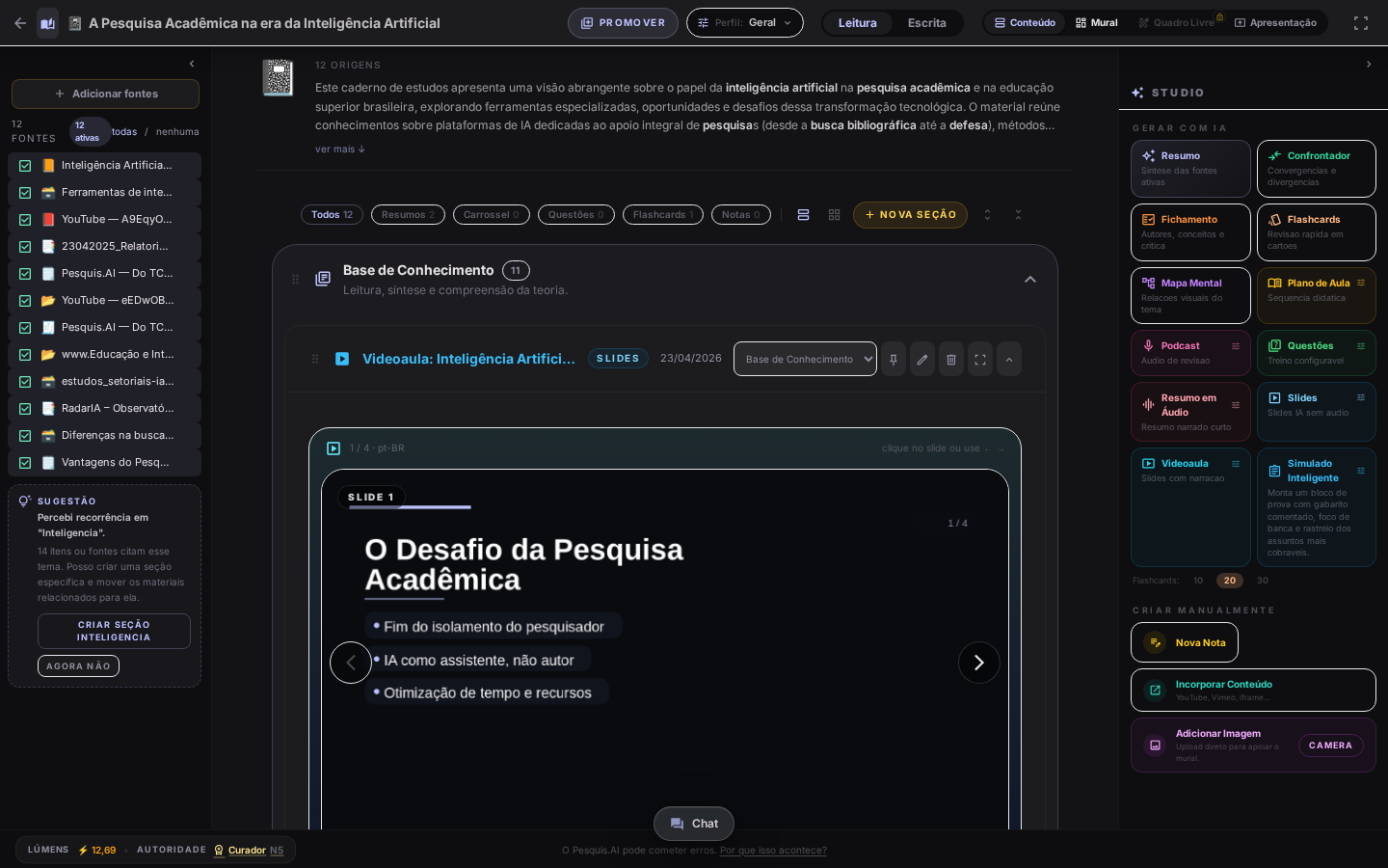 Caderno do Pesquis.AI com resumo, flashcards, questões e videoaula organizados