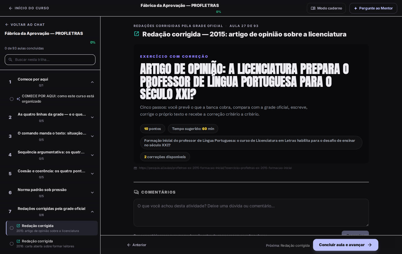 Exercício de redação aberto dentro do curso, com o enunciado real de 2015 e as correções disponíveis