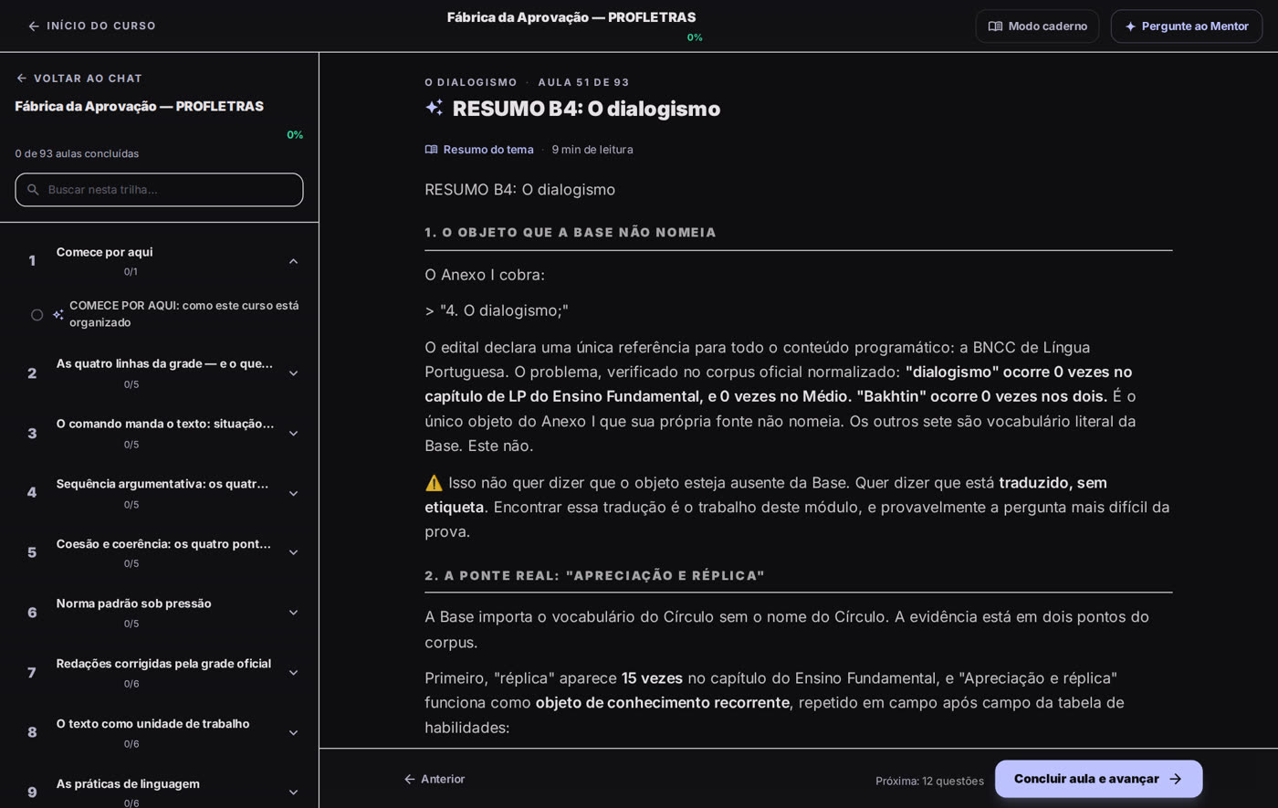 Aula aberta com a trilha dos 17 módulos na lateral e o resumo do tema no centro