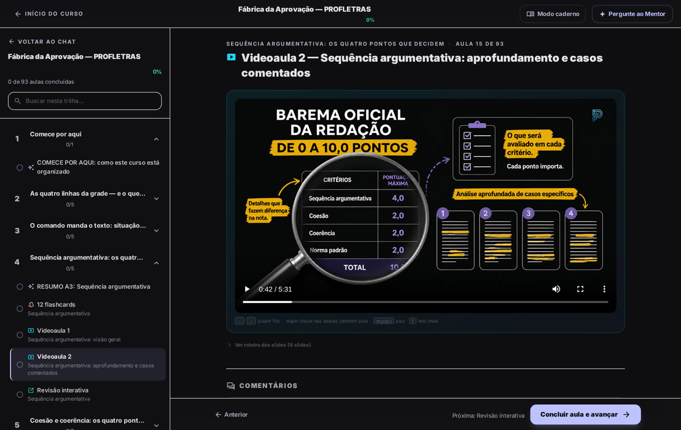 Videoaula do curso sobre o barema oficial da redação, com a tabela de critérios e pesos